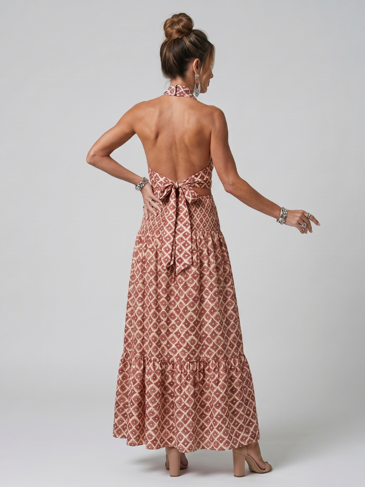 Amira | Cross Halter Geometric Print Cutout Midi Dress