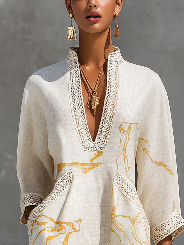 Aline | Ivory Mini Dress in Crochet Lace with Gold Patterns and V-Neck