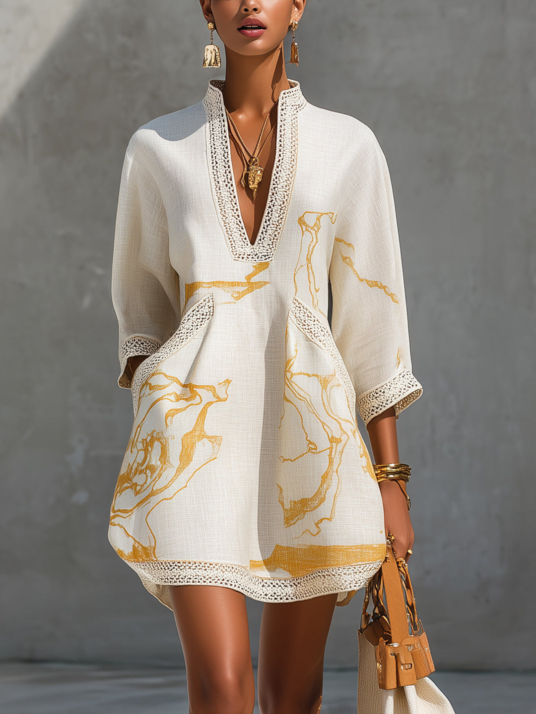 Aline | Ivory Mini Dress in Crochet Lace with Gold Patterns and V-Neck