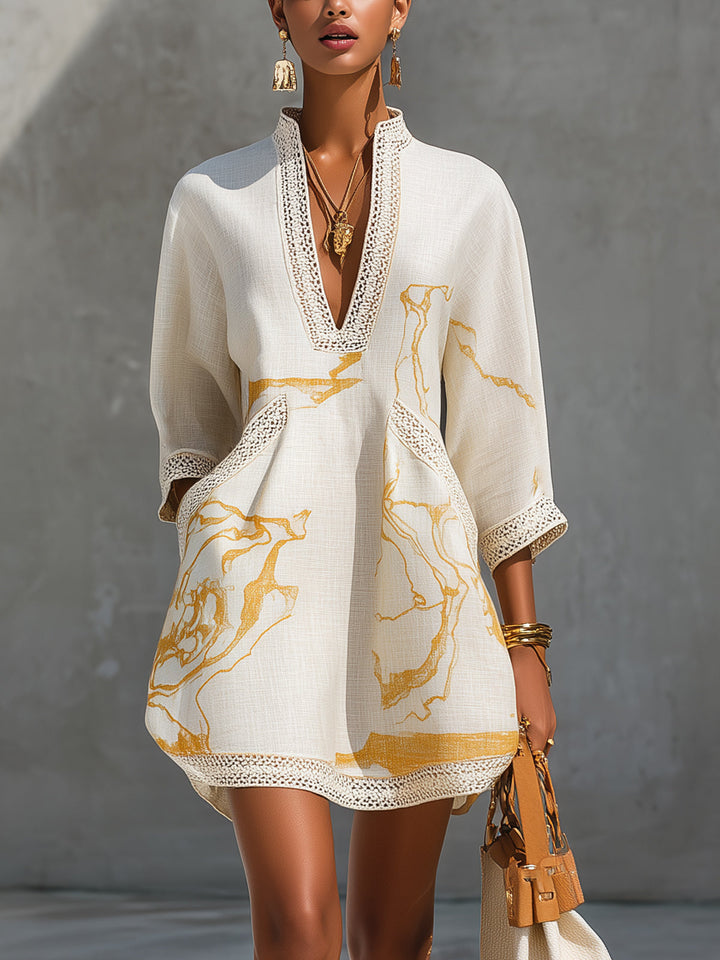 Aline | Ivory Mini Dress in Crochet Lace with Gold Patterns and V-Neck