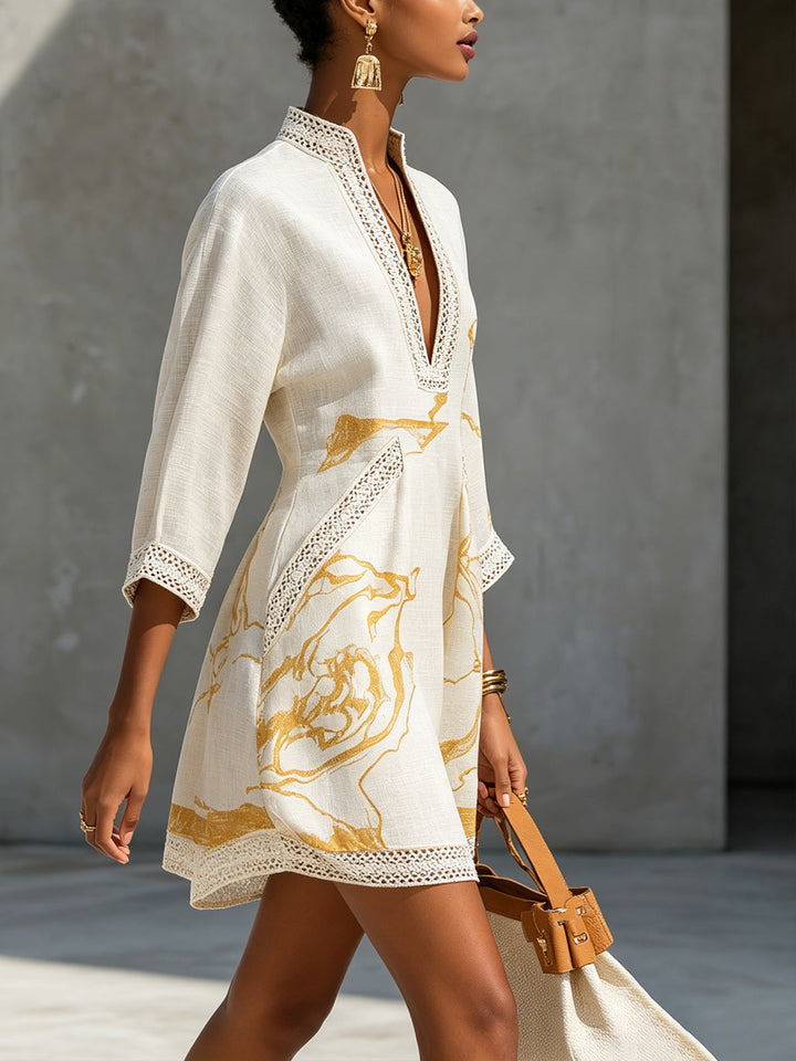 Aline | Ivory Mini Dress in Crochet Lace with Gold Patterns and V-Neck