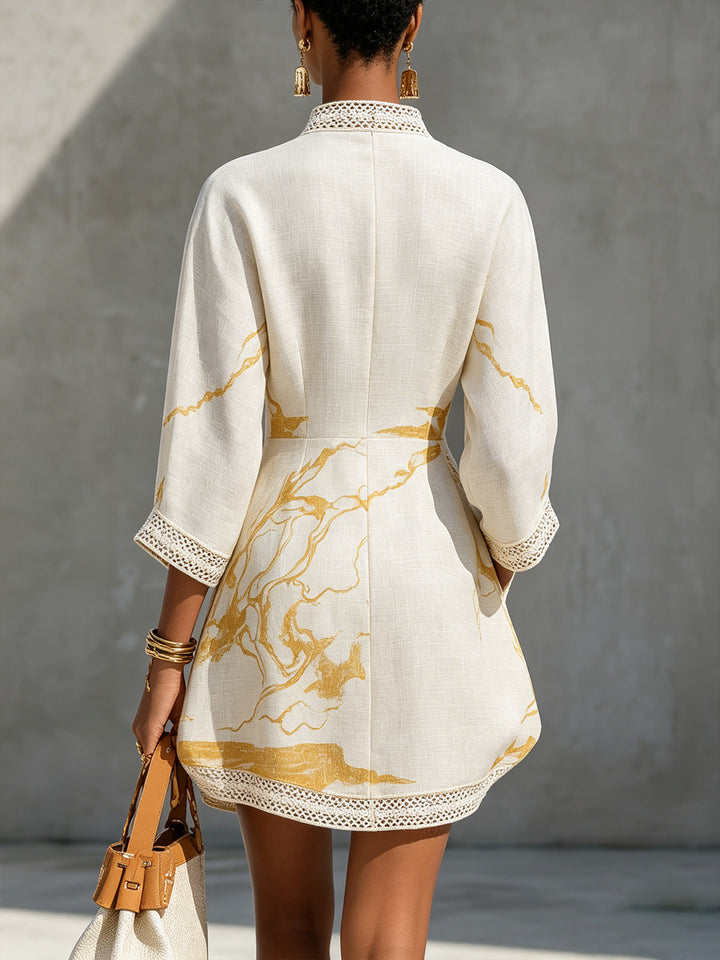 Aline | Ivory Mini Dress in Crochet Lace with Gold Patterns and V-Neck