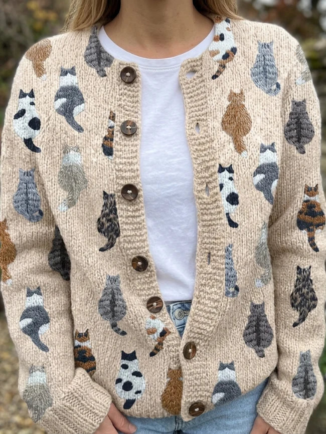 Mary | Knitted Cardigan with Feline Pattern