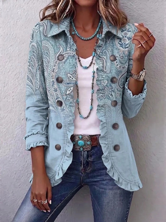 Kamberly™ | Boho-Chic Floral Utility Ruffled Trim Jacket