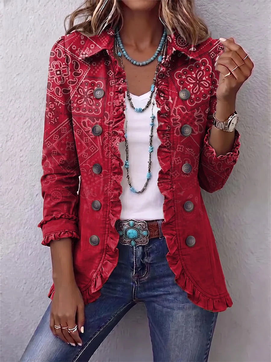 Kamberly™ | Boho-Chic Floral Utility Ruffled Trim Jacket